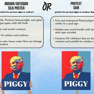 May include: An image shows a poster and a protest sign. The poster has a portrait in red, yellow, and blue, with the word "PIGGY" at the bottom. The protest sign has the same image and text.
