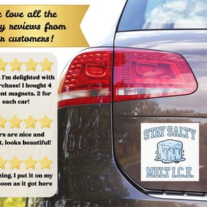 May include: A car with a white "Stay Salty Melt I.C.E." magnet. The magnet features a blue ice cube graphic. The car also has customer reviews with gold stars and text: "We love all the happy reviews from our customers!"