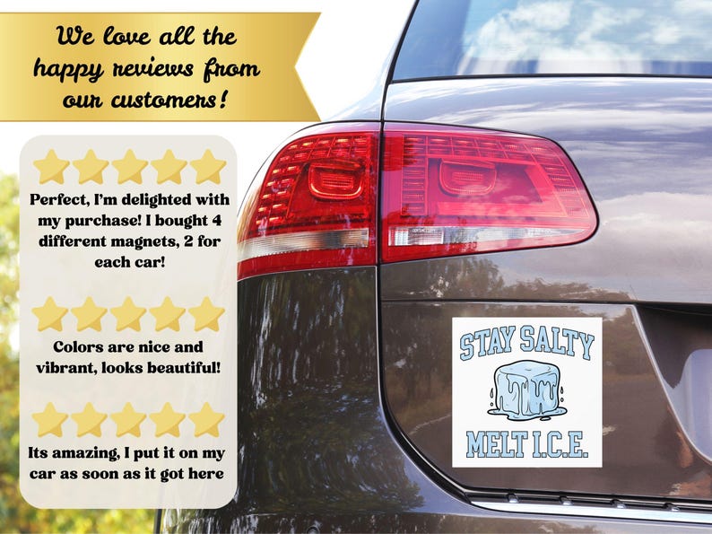 May include: A car with a white "Stay Salty Melt I.C.E." magnet. The magnet features a blue ice cube graphic. The car also has customer reviews with gold stars and text: "We love all the happy reviews from our customers!"