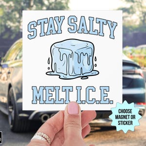 May include: White square sticker with the text "STAY SALTY MELT I.C.E." in light blue, featuring a cartoon ice cube. The sticker also has a small logo and the option to choose a magnet or sticker.