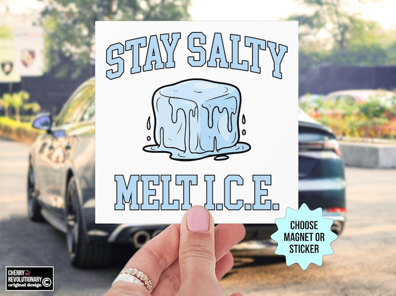 May include: White square sticker with the text "STAY SALTY MELT I.C.E." in light blue, featuring a cartoon ice cube. The sticker also has a small logo and the option to choose a magnet or sticker.