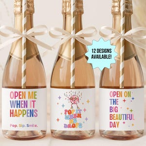 Könnte beinhalten: Drei Champagnerflaschen mit goldfarbenen Verschlüssen, weißen Schleifen und gestreiften Strohhalmen. Jede Flasche hat ein farbenfrohes Etikett mit Sätzen wie "Open Me When It Happens" und "Pop It When He Drops". Ein türkisfarbener Stern sagt "12 Designs Available!"