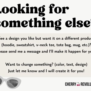 K&ouml;nnte beinhalten: Cremefarbene Grafik mit dem Text "Looking for something else?" und einem Aufruf zur Anpassung von Designs auf verschiedenen Produkten. Enth&auml;lt eine wei&szlig;e Sonnenbrille und das Cherry Revolutionary Logo.