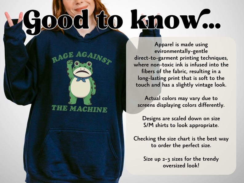 May include: Navy blue hoodie with a frog graphic and the text "RAGE AGAINST THE MACHINE". The frog is green and white, with a blue bow tie. The hoodie has a front pocket and a hood.