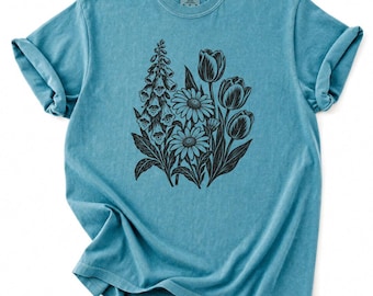 Foxglove Daisy Tulip Linocut Comfort Colors Tee
