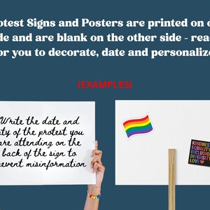 May include: White protest signs and posters with text, ready to be personalized. One sign has a rainbow flag sticker and a sticker with the words "Kindness, Equality, Inclusion, Diversity, Love." Another sign has handwritten text.