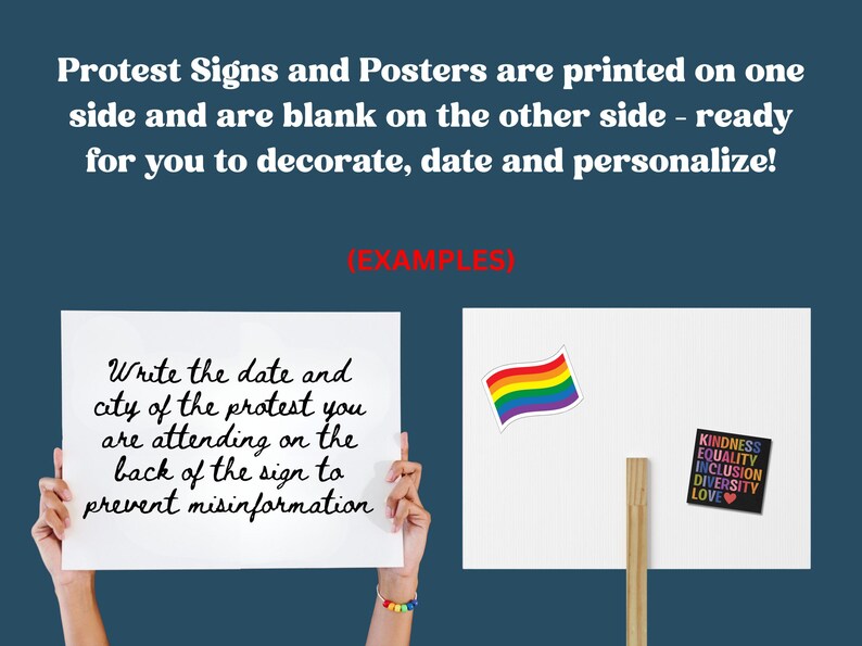 May include: White protest signs and posters with text, ready to be personalized. One sign has a rainbow flag sticker and a sticker with the words "Kindness, Equality, Inclusion, Diversity, Love." Another sign has handwritten text.