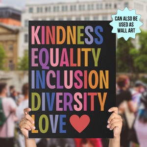 May include: A black sign with the words "KINDNESS, EQUALITY, INCLUSION, DIVERSITY, LOVE" in colorful block letters and a red heart. The sign is held up in front of a crowd of people. Text in a light blue starburst shape says "CAN ALSO BE USED AS WALL ART".