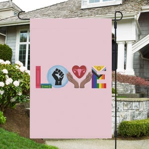 Liberal Valentine&#39;s Day Garden Yard Flag, Anti Trump Banned Books BLM Reproductive LGBT Human Rights, Social Justice Feminist Activist Gift