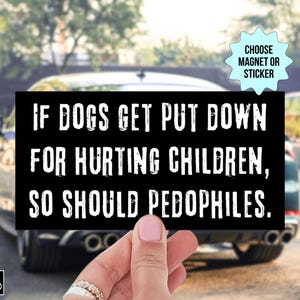 以下が含まれることがあります： 白いテキストの黒い長方形のマグネットまたはステッカー: "IF DOGS GET PUT DOWN FOR HURTING CHILDREN, SO SHOULD PEDOPHILES." 薄い青色のスターバーストの形は「CHOOSE MAGNET OR STICKER」と書かれています。 Cherry Revolutionaryのロゴは左下にあります。