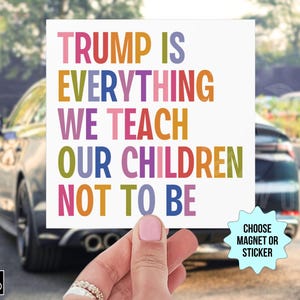Puede incluir: Un imán o pegatina cuadrada con el texto "TRUMP IS EVERYTHING WE TEACH OUR CHILDREN NOT TO BE" en letras coloridas. Las palabras están apiladas unas sobre otras. El fondo muestra un coche y una escena exterior borrosa.