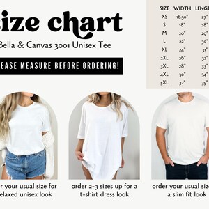 Puede incluir: Tabla de tallas para la camiseta unisex Bella + Canvas 3001. La tabla muestra las medidas de ancho y largo en pulgadas para las tallas XS a 5XL. Se muestran tres modelos con la camiseta, mostrando diferentes ajustes: relajado, vestido de camiseta y ajustado.