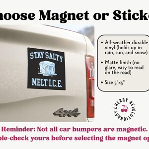 May include: A black magnet or sticker with the text "STAY SALTY MELT I.C.E." and an ice cube graphic. The product is 5"x5" and made of all-weather durable vinyl with a matte finish. The image also includes the text "Choose Magnet or Sticker."