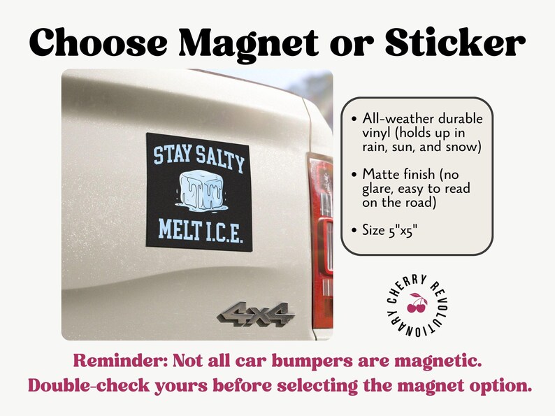 May include: A black magnet or sticker with the text "STAY SALTY MELT I.C.E." and an ice cube graphic. The product is 5"x5" and made of all-weather durable vinyl with a matte finish. The image also includes the text "Choose Magnet or Sticker."