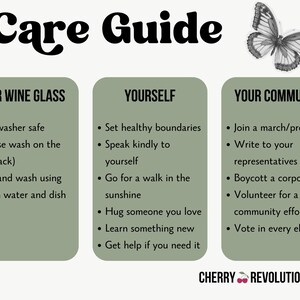 May include: A digital art print titled "Care Guide" with a butterfly illustration. The guide is divided into three sections: "Your Wine Glass", "Yourself", and "Your Community", each with bullet-pointed advice. The Cherry Revolutionary logo is at the bottom.