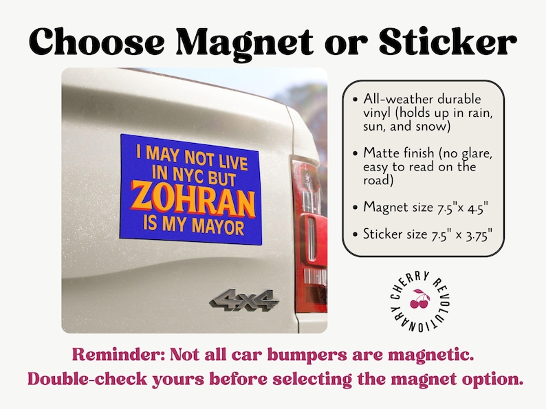 May include: A blue magnet or sticker on a car bumper with the text "I MAY NOT LIVE IN NYC BUT ZOHRAN IS MY MAYOR." The magnet is 19.05cm x 11.43cm, and the sticker is 19.05cm x 9.53cm. The image also includes text about the product's features.