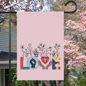 Liberal Valentine&#39;s Day Garden Yard Flag, Anti Trump Banned Books BLM Reproductive LGBT Human Rights, Social Justice Feminist Activist Gift