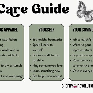 Puede incluir: Una gu&iacute;a ilustrada verde y blanca con el t&iacute;tulo "Care Guide" y tres secciones: "Your Apparel", "Yourself" y "Your Community". Cada secci&oacute;n enumera varios puntos con consejos sobre c&oacute;mo cuidar tu ropa, a ti mismo y a tu comunidad.