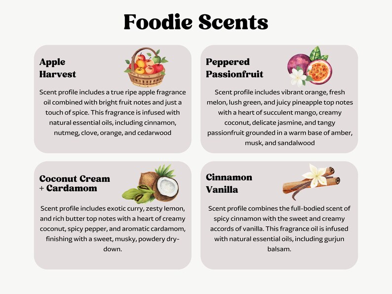 K&ouml;nnte beinhalten: Das Bild "Foodie Scents" zeigt vier Duftprofile. Apple Harvest zeigt einen Korb mit &Auml;pfeln. Peppered Passionfruit zeigt eine Passionsfrucht. Coconut Cream + Cardamom hat eine Kokosnuss. Cinnamon Vanilla zeigt Zimtstangen.