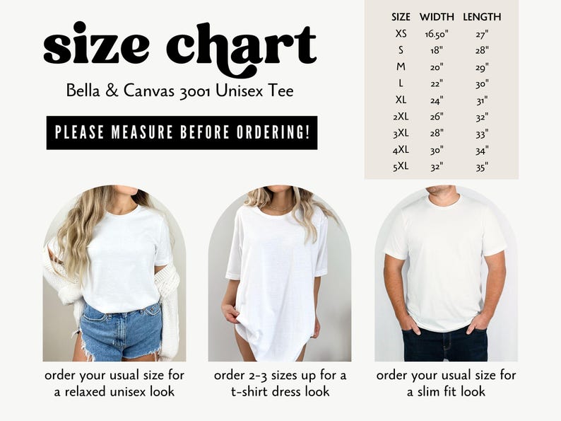 Puede incluir: Tabla de tallas para la camiseta unisex Bella + Canvas 3001. La tabla muestra las medidas de ancho y largo en pulgadas para las tallas XS a 5XL. Se muestran tres modelos con la camiseta en diferentes estilos: relajado, vestido de camiseta y ajuste delgado.