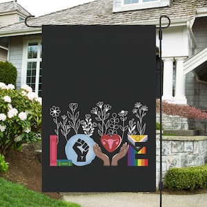 Liberal Valentine&#39;s Day Garden Yard Flag, Anti Trump Banned Books BLM Reproductive LGBT Human Rights, Social Justice Feminist Activist Gift