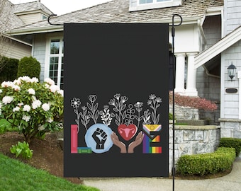 Liberal Valentine&#39;s Day Garden Yard Flag, Anti Trump Banned Books BLM Reproductive LGBT Human Rights, Social Justice Feminist Activist Gift