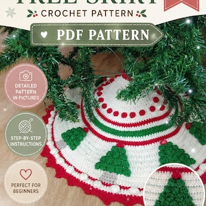 Puede incluir: Un patrón de ganchillo para falda de árbol de Navidad en formato PDF. La falda blanca presenta rayas rojas y verdes, pequeñas borlas rojas y motivos de árboles verdes texturizados con troncos grises. Borde festoneado rojo con borlas blancas.