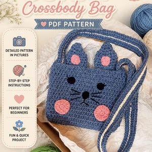 Puede incluir: Un patrón de ganchillo para un bolso bandolera de conejo azul con dos orejas, mejillas circulares rosas y ojos, nariz y bigotes bordados en negro. El documento incluye texto como CROCHET PATTERN, BUNNY CROSSBODY BAG, PDF PATTERN e iconos instructivos.