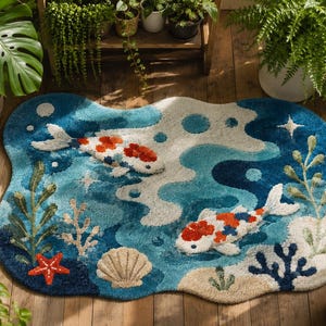 May include: An irregularly shaped area rug featuring a vibrant underwater scene with two white, orange, and black koi fish swimming through blue water. The design includes a red starfish, a beige seashell, green seaweed, and small white stars.