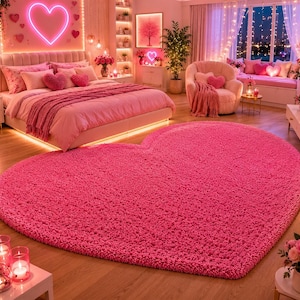 Tapis en forme de cœur rose, mélange laine et acrylique tufté main, déco de chambre moelleuse