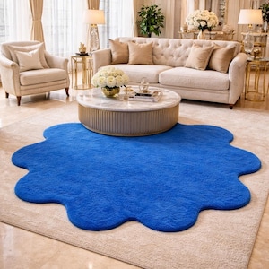 Hand Tufted Area Rug Blue Abstract Irregular Shape Rug Modern Luxury Plush Carpet Unique Statement Living Room Rug Soft Thick Designer Rug