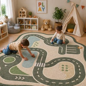 Könnte beinhalten: Ein Kinderspielbereich mit einem Straßen-Teppich in Grün und Beige. Zwei Kinder spielen mit Spielzeugautos auf dem Teppich. Der Raum umfasst ein Tipi, einen kleinen Tisch und ein Bücherregal. Der Teppich hat einen Durchmesser von ca. 180 cm.