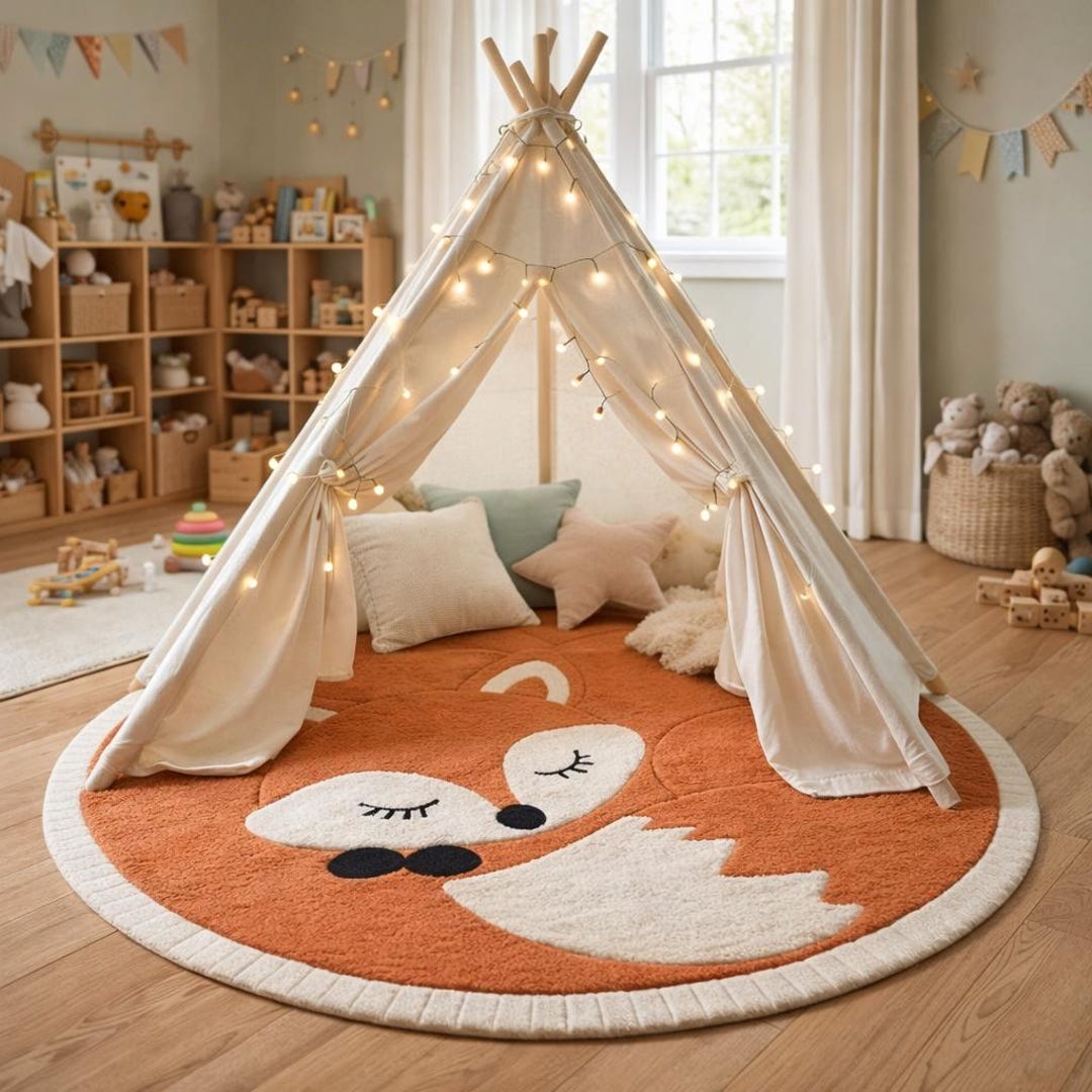 Baby Rooom Rugs Hand Tufted Fox Kids Rug – Cute Round Animal Nursery Rug, Soft Plush ...