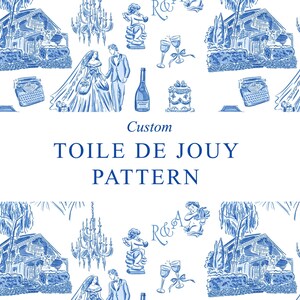 Könnte beinhalten: Ein weißer Hintergrund mit einem blauen Toile-de-Jouy-Muster. Das Muster zeigt Illustrationen eines Hauses, eines Brautpaares, einer Torte, einer Champagnerflasche, einer Schreibmaschine und eines Kronleuchters. Der Text "Custom TOILE DE JOUY PATTERN" ist ebenfalls vorhanden.