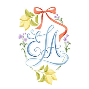 Custom Wedding Crest, Logo. Digital Watercolor Crest. Personalized Family Crest with Monogram, Pets, Venue, and Floral Elements.