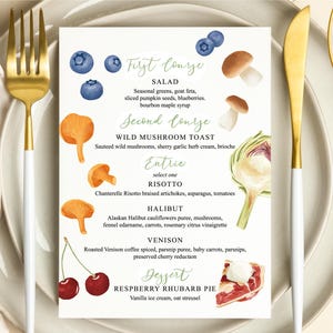 Cartes de menu de mariage. Menu de douche nuptiale. Menu événementiel personnalisé. Menu dessiné à la main, menu illustré pour la douche nuptiale, la baby shower, le dîner