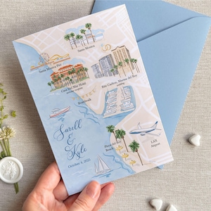 Carte personnalisée du lieu de mariage à l'aquarelle. Carte illustrée pour une invitation unique ou pour réserver une date. Plan aquarelle numérique des lieux dessiné à la main.