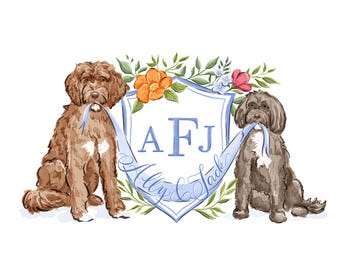 Custom Wedding Crest Watercolor | Personalized Wedding Monogram Design | Custom Pet Portrait Wedding Logo | Destination Beach Wedding Crest