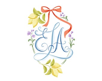 Custom Wedding Crest, Logo. Digital Watercolor Crest. Personalized Family Crest with Monogram, Pets, Venue, and Floral Elements.