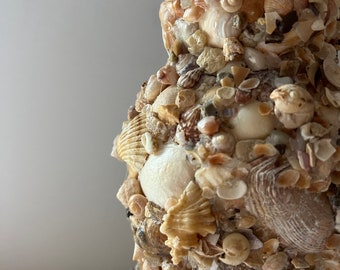 Jarrón de conchas marinas, decoración casera hecha a mano de conchas marinas del océano de Portugal