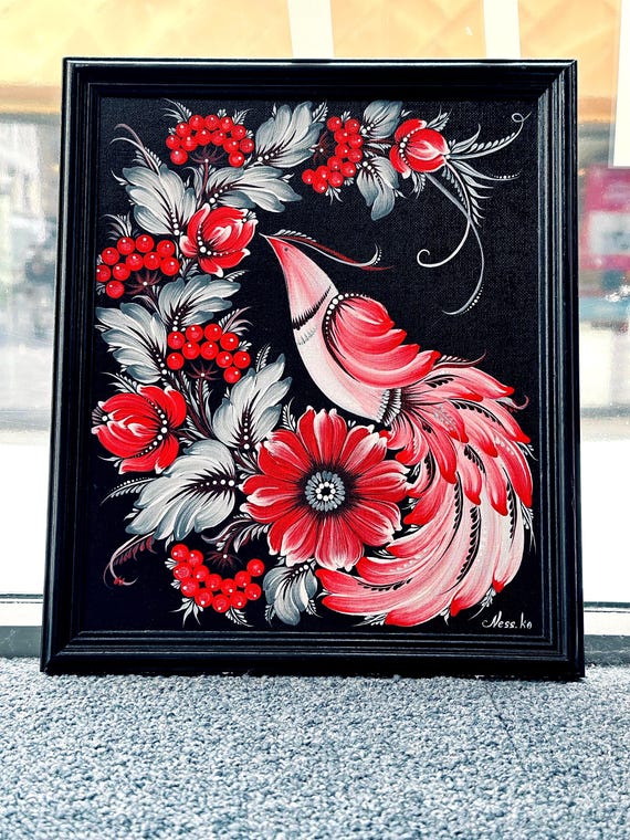 Hand Painted Petrykivka Floral Painting, Ukrainian Folk Art, Framed Canvas