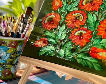 Pintura ucraniana Petrykivka / Lienzo de arte popular floral pintado a mano