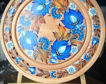 Plato de madera pintado a mano, arte popular floral ucraniano Petrykivka