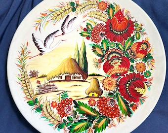 Plato de madera pintado a mano / Arte popular ucraniano Petrykivka