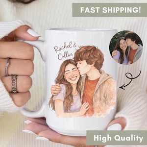 May include: White ceramic mug featuring a watercolor illustration of a couple embracing and kissing. The mug has the names "Rachel & Collin" written on it, along with a small photo of the couple. The mug also has the text "High Quality" and "Fast Shipping!"