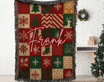 Personalized Christmas Woven Blanket Tapestry: Custom Family name Christmas Gift