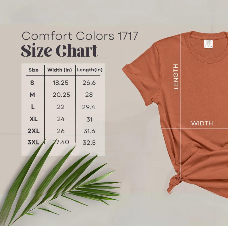 以下が含まれることがあります： Comfort Colors 1717のサイズチャートが付いた、レンガ色のTシャツ。Sから3XLまでのサイズが記載されており、幅と長さの測定値はセンチメートルで表示されています。Tシャツの寸法は線で示されています。