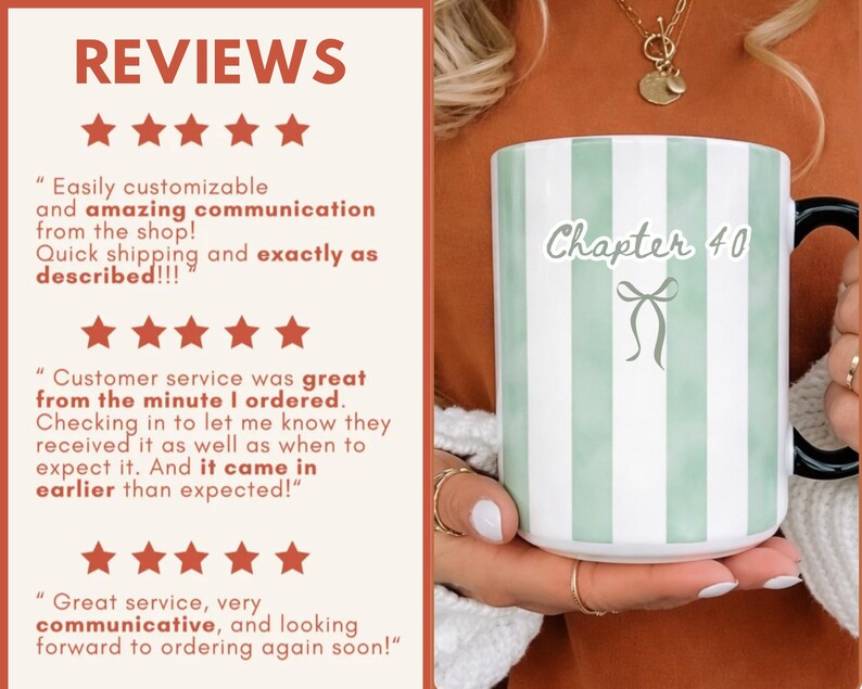 May include: A white ceramic mug with vertical light green stripes. The mug has a black handle and features the text "Chapter 40" with a bow graphic. The image also includes customer reviews.
