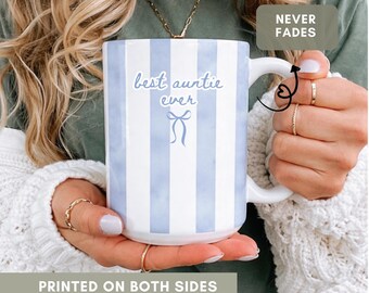 Custom Name Auntie Mug, Baby Announcement Gift For Aunt, Blue Stripe Coffee Cup, Personalized Pregnancy Reveal, New Aunt Gift Idea