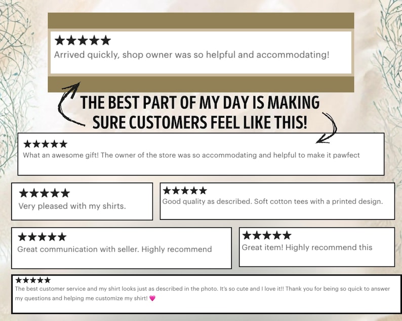 May include: A graphic featuring customer reviews with five-star ratings. Text includes phrases like "Arrived quickly," "Great communication," and "The best customer service." The central message is "THE BEST PART OF MY DAY IS MAKING SURE CUSTOMERS FEEL LIKE THIS!"